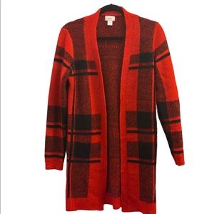 Red plaid long open cardigan